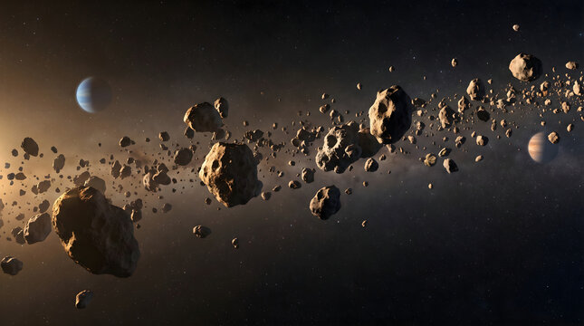 Stunning cosmic view of a vast astroid belt filled with rocky space debris orbiting distant planets
