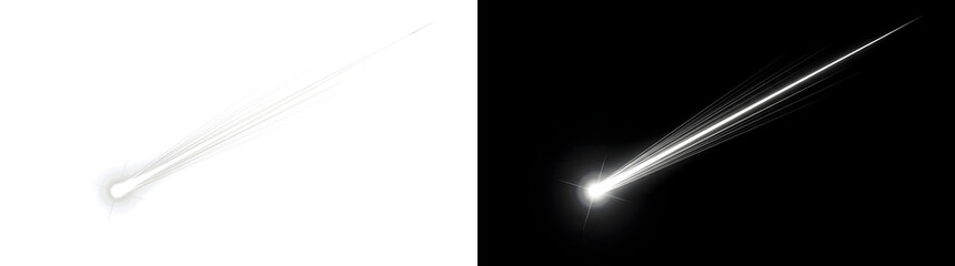 Shooting Star Trail glowing white comet streak design for creative use with PNG, Transparent and Black Background Versions © Guddoo