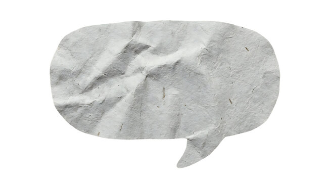 Crumpled grey speech bubble shape made of paper texture isolated on white background with crumpled dialogue communication wrinkled isolated creative