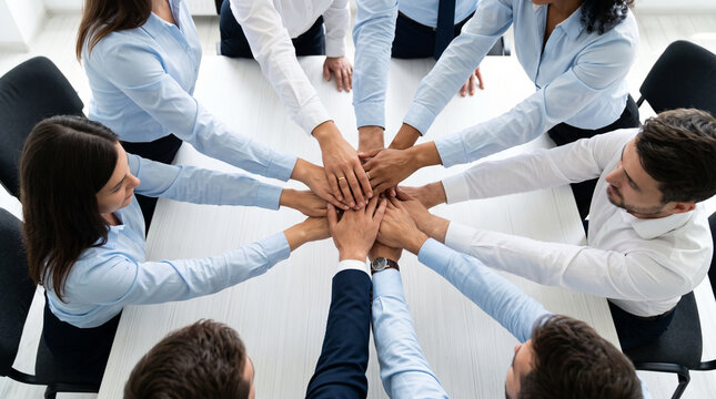 Overhead view of business people stacking their hands together in the center, representing teamwork, unity, collaboration, trust and shared commitment to common goals.