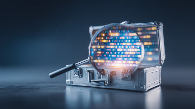 Magnifying glass examining binary data inside an open briefcase represents digital forensics security auditing and business information analysis.
