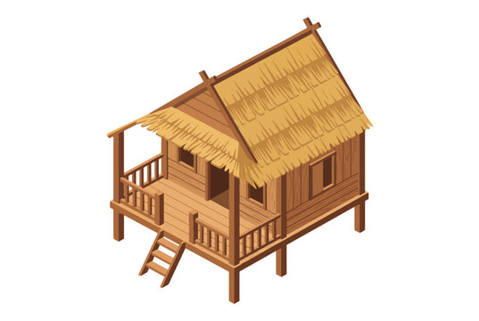 Isometric traditional wooden stilt house with thatched roof