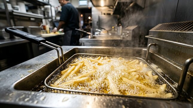 French fries being cooked in a commercial kitchen fryer