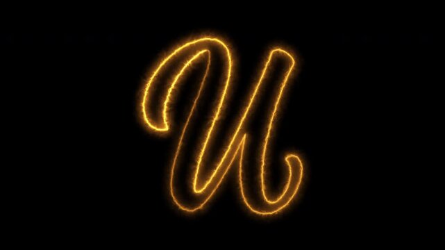 Energetic fiery u letter dynamic reveal animation on dark background, glowing script font motion graphic footage.