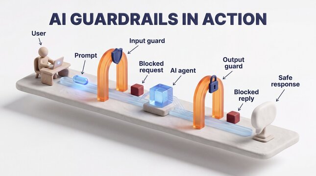 AI guardrails in action 3D infographic showing a user prompt passing through an input guard, AI agent and output guard to a safe response