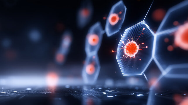 Virus particles embedded in a connected hexagonal network represent digital infection cybersecurity threats and system vulnerability.
