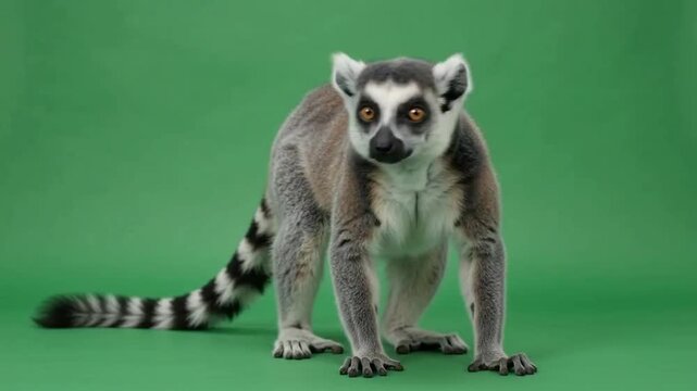 Lemur with ringed tail standing on a solid green studio background looking curious