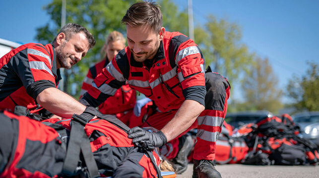 Professional rescue team completing spinal immobilization of an injured person on a spine board at an outdoor emergency scene, paramedics checking secure straps and head support before evacuation, o