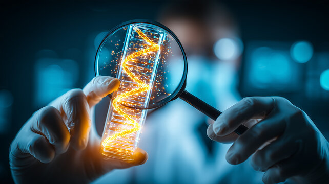 A magnifying glass examining a DNA strand representing genetic research and genome analysis.
