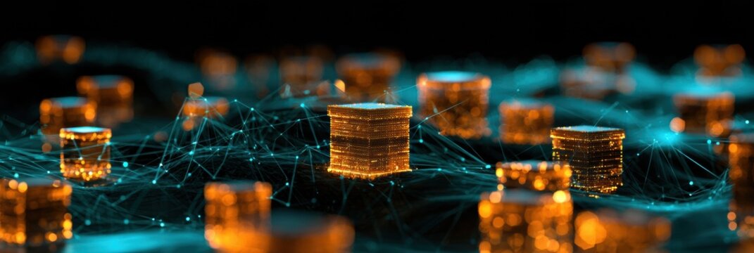 Abstract representation shows an apiculture data platform with amber hive nodes and teal data paths flowing across a dark landscape.