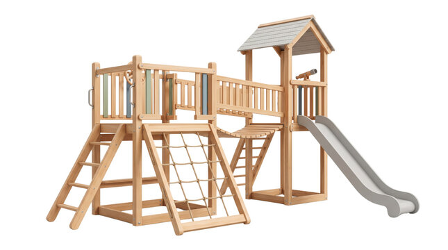 Wooden playground structure with slide and climbing frame, outdoor play equipment for children, timber backyard playhouse isolated on white