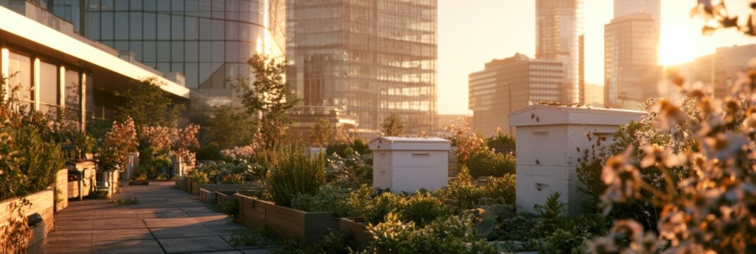 Two white Langstroth hives sit on a rooftop garden in the city during sunset, surrounded by herbs and flowers.