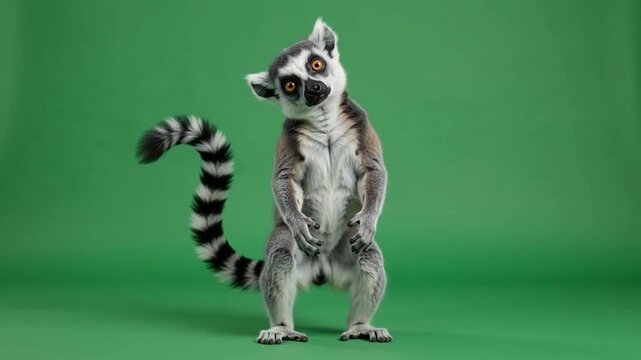 Lemur standing upright with a long striped tail against a solid green background