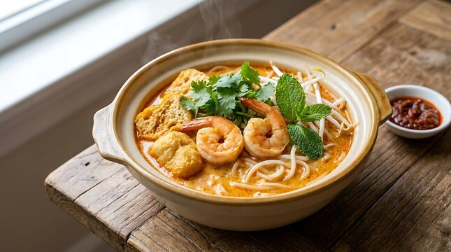A bowl of spicy laksa noodle soup with fresh shrimp and herbs served in a clay pot on a dark rustic wooden table. Malaysian Cuisine