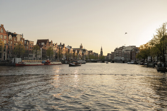 Landscape of the Amstel River in Amsterdam at sunset