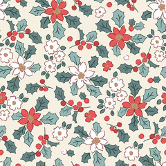Obraz premium Christmas foliage seamless vector pattern. Hand drawn winter flora with tiny poinsettia and berry. Perfect for textile, wallpaper or nursery print design.