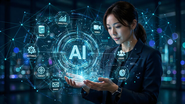 Professional woman working with a glowing artificial intelligence network interface in a dark modern office environment with floating digital icons representing future technology and data
