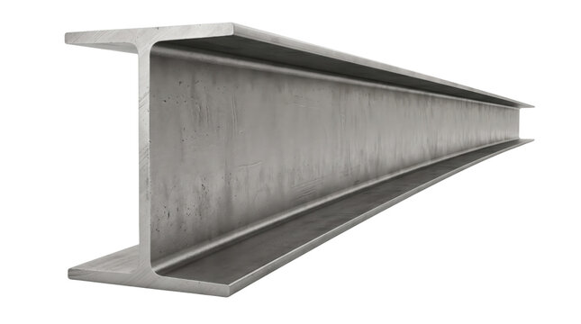 Industrial steel I-beam for construction, heavy metal girder on white background, structural carbon steel support for architectural engineering