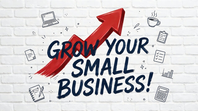 Grow your small business text with a rising red arrow icon design on a textured brick wall background showing success and financial growth for entrepreneurs and marketing startups