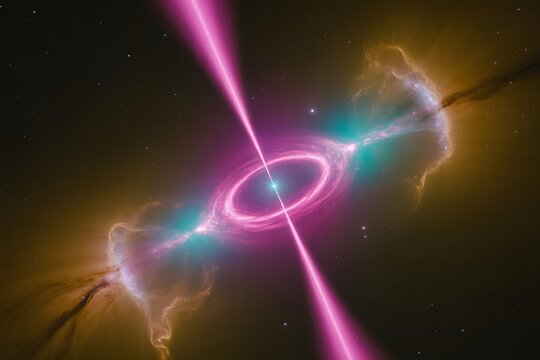 Cosmic nebula with purple jets and glowing gases in space