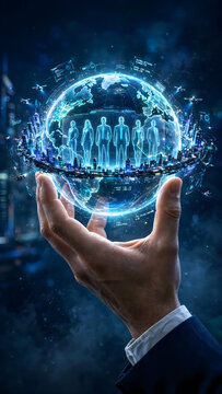 Business person holding a glowing digital globe with a group of professional team members inside a virtual network sphere representing global technology and corporate communication