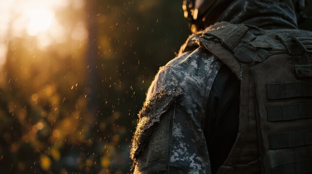 A soldier in tactical vest standing outdoors during a golden hour sunset with dust particles. Excellent for military and defense themes.