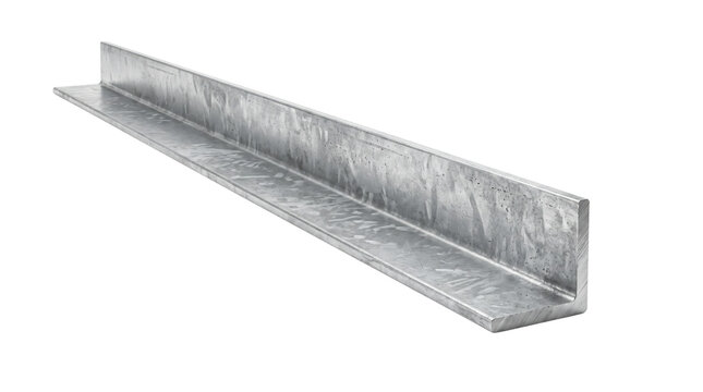 Galvanized steel angle bar on white background, industrial metal L-beam profile, structural hot-dipped zinc coated iron corner for construction