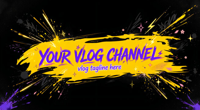 Your vlog channel text banner with bright yellow paint splash design and purple handwritten typography on a black background for social media video content and digital marketing graphics