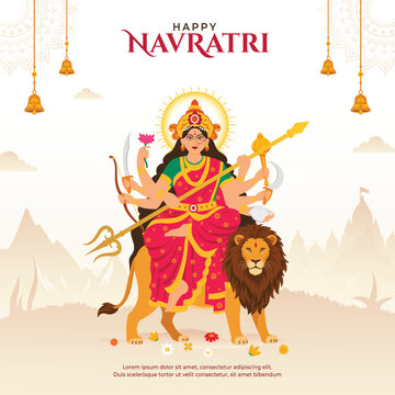 Happy Navratri Celebration Post With Goddess Durga Sitting on Lion Illustration