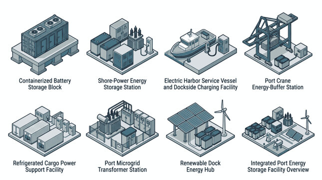Collection of isometric illustrations depicting various port energy infrastructure and storage solutions.