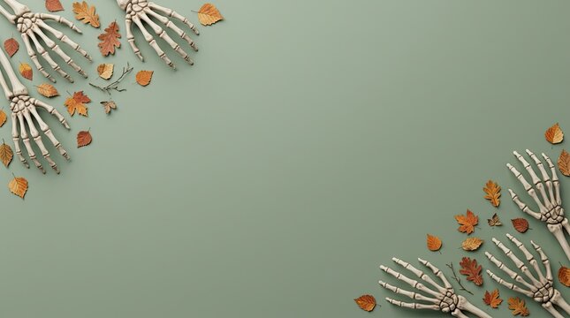 Halloween background with skeleton hands and autumn leaves in corners on sage green backdrop