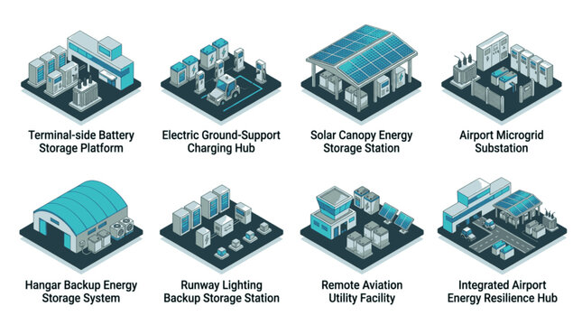 Collection of isometric illustrations depicting various airport energy infrastructure and storage solutions.
