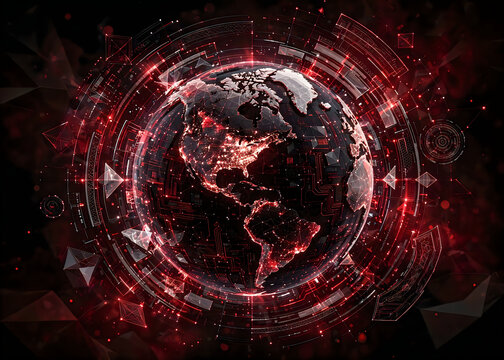 Abstract digital globe with glowing red particles and data network connections representing global communication and futuristic technology in a dark space background for web design concepts