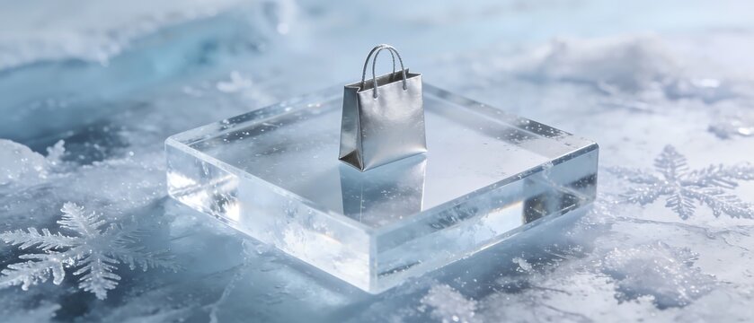 Minimalist silver shopping bag placed on a transparent ice block podium surrounded by snowflakes, representing winter sale, frozen prices, luxury holiday shopping, and cold season retail concept.