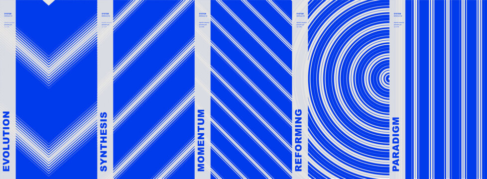 Minimalist blue geometric banners with abstract lines, set of 5 modern vector backgrounds, corporate identity templates with typography