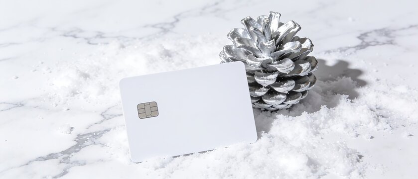 Blank White Credit Card Mockup with EMV Chip Placed on Artificial Snow and White Marble Surface Next to Silver Pinecone, Conceptual Winter Holiday Season Shopping and Financial Payment Template