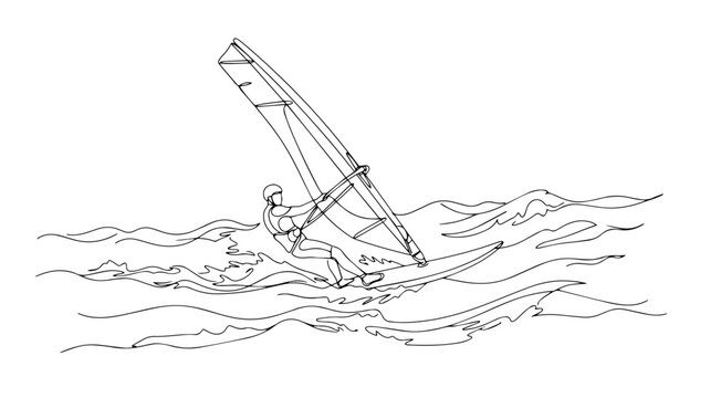 Windsurfer riding ocean waves continuous line art vector illustration