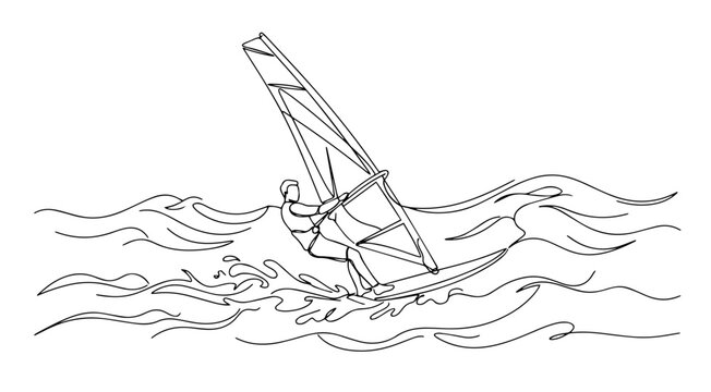 Windsurfer riding ocean waves continuous line art vector illustration.