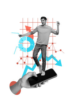 Trend artwork collage template composite sketch of young man stand smartphone display arrow down entrepreneur job worker hiring vacancy