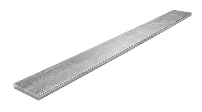 Industrial galvanized steel flat bar, long metal strip for construction and engineering, silver metallic iron plate isolated on white background