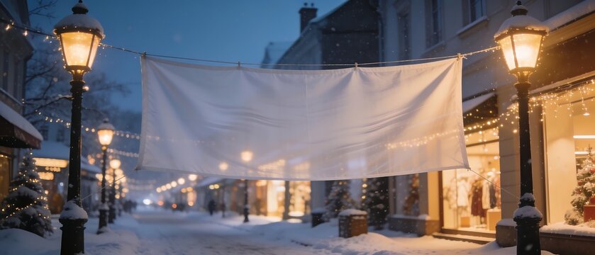 Blank White Fabric Banner Hanging Across Snowy European Street at Night with Glowing Street Lamps and Warm Festive Holiday Lighting, Winter Town Background with Copy Space for Text
