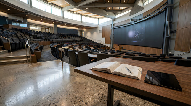 Empty modern university lecture hall with projector screen