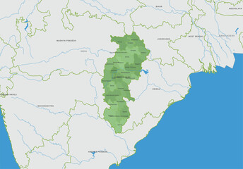 Fototapeta premium Map of chhattisgarh state in india, highlighting its administrative districts with borders, showcasing the geographical location and regional boundaries within the country