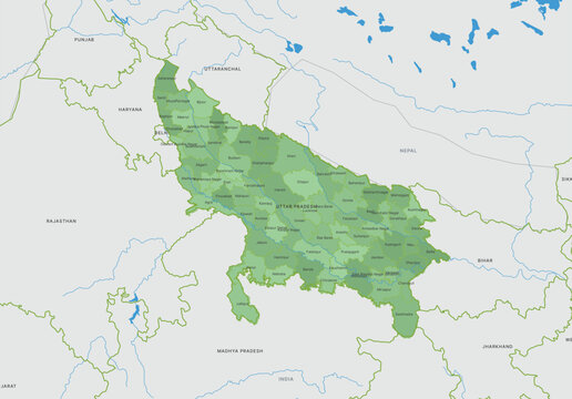 Detailed map of uttar pradesh state in india showing district boundaries and major cities with surrounding states and international border with nepal