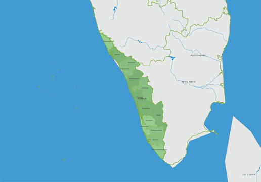 Map of kerala state in india showing its districts and neighboring regions