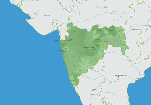 Map of maharashtra state in india showing district boundaries and administrative divisions with surrounding states and coastal geography
