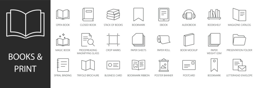 Book and print collateral editable stroke line icon set. Vector symbols for publishing, editorial, library, stationery, brochure, bookmark, education, printing layout.