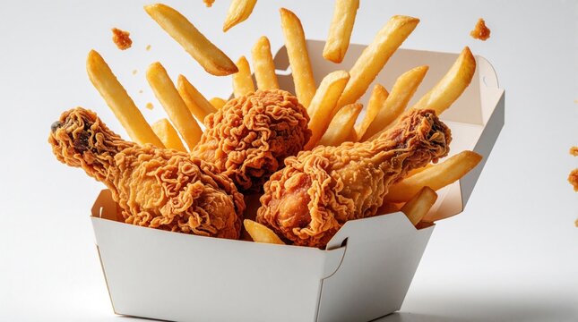 Crispy fried chicken pieces and golden french fries fill a white takeout box. This popular fast food combo is ready for delivery or dine in. It looks delicious and is perfect for advertising.