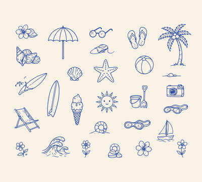 Summer Beach Vacation Doodle Icon Set
