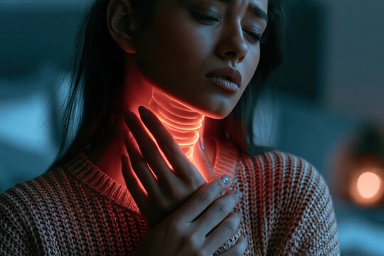 Woman suffering from sore throat pain and glowing inflammation concept